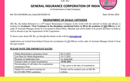 GIC ने की सहायक प्रबंधक के पदों के लिए रिक्तियों की घोषणा, 19 दिसंबर 2024 तक किये जा सकते हैं ऑनलाइन आवेदन